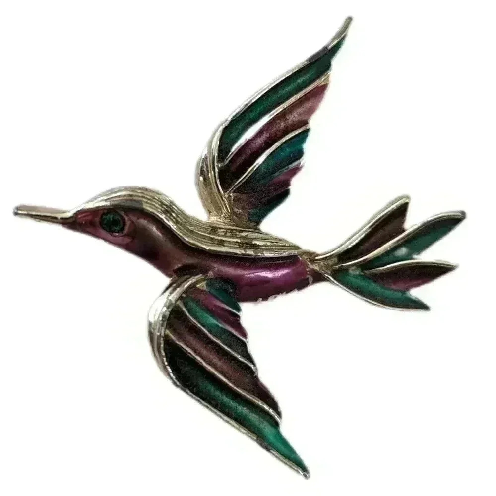 Green, Gold and Burgundy Enamel Hummingbird Brooch